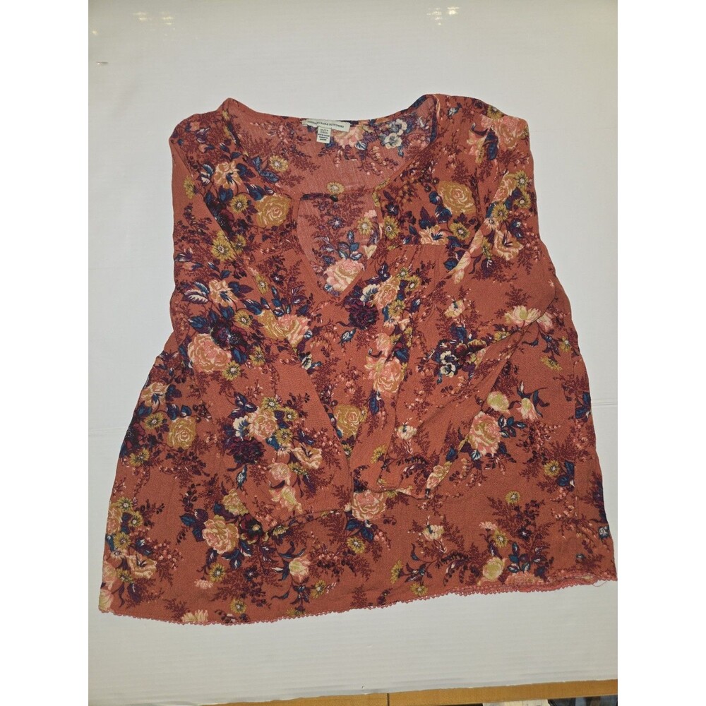 American Eagle Outfitters Rust Multicolor Floral Keyhole Blouse Button Accent XS - Picture 5 of 9